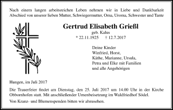 Traueranzeige von Gertrud Elisabeth Grießl von Licher Wochenblatt, Licher Wochenblatt, Licher Wochenblatt