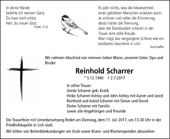 Traueranzeige von Reinhold Scharrer von Licher Wochenblatt, Licher Wochenblatt, Licher Wochenblatt