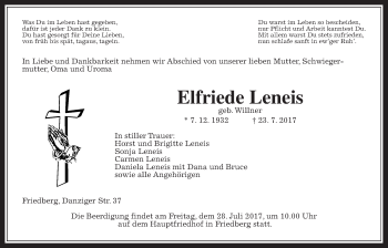 Traueranzeige von Elfriede Leneis von Wetterauer Zeitung, Wetterauer Zeitung