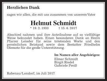 Traueranzeige von Helmut Schmidt von Allendorfer Mitteilungen, Rabenauer Zeitung