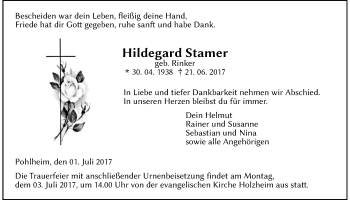 Traueranzeige von Hildegard Stamer von Giessener Allgemeine, Alsfelder Allgemeine
