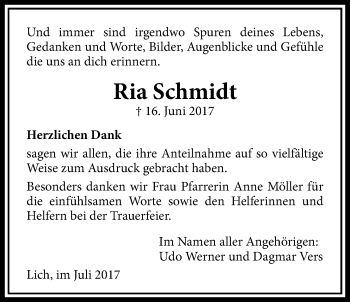 Traueranzeige von Ria Schmidt von Licher Wochenblatt, Licher Wochenblatt, Licher Wochenblatt