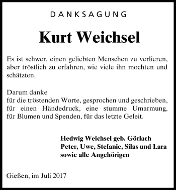 Traueranzeige von Kurt Weichsel von Giessener Allgemeine, Alsfelder Allgemeine