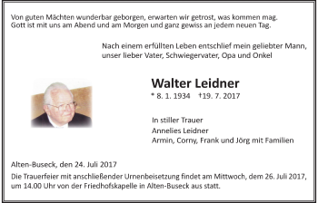 Traueranzeige von Walter Leidner von Giessener Allgemeine, Alsfelder Allgemeine