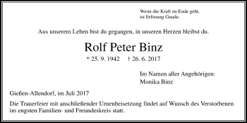 Traueranzeige von Rolf Peter Binz von Giessener Allgemeine, Alsfelder Allgemeine