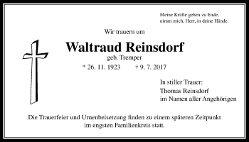 Traueranzeige von Waltraud Reinsdorf von Wetterauer Zeitung, Wetterauer Zeitung