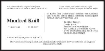 Traueranzeige von Manfred Kniß von Giessener Allgemeine, Alsfelder Allgemeine, Wetterauer Zeitung, Wetterauer Zeitung