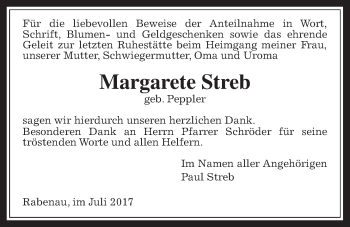 Traueranzeige von Margarete Streb von Rabenauer Zeitung