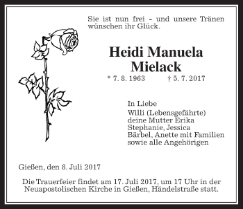 Traueranzeige von Heidi Manuela Mielack von Giessener Allgemeine, Alsfelder Allgemeine