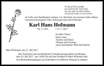 Traueranzeige von Karl Hans Hofmann von Wetterauer Zeitung, Wetterauer Zeitung