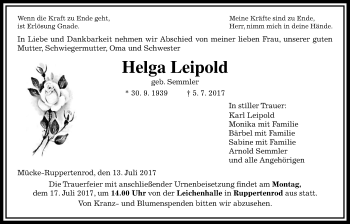 Traueranzeige von Helga Leipold von Alsfelder Allgemeine