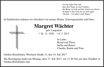 Traueranzeige von Margret Wächter von Giessener Allgemeine, Alsfelder Allgemeine