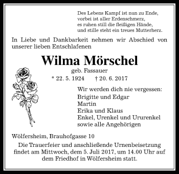 Traueranzeige von Wilma Mörschel von Wetterauer Zeitung, Wetterauer Zeitung