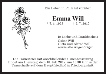 Traueranzeige von Emma Will von Wetterauer Zeitung, Wetterauer Zeitung