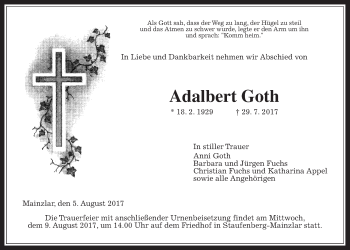 Traueranzeige von Adalbert Goth von Giessener Allgemeine, Alsfelder Allgemeine