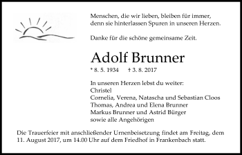 Traueranzeige von Adolf Brunner von Giessener Allgemeine, Alsfelder Allgemeine