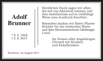 Traueranzeige von Adolf Brunner von Giessener Allgemeine, Alsfelder Allgemeine