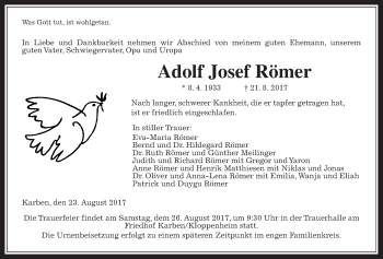 Traueranzeige von Adolf Josef Römer von Wetterauer Zeitung, Wetterauer Zeitung