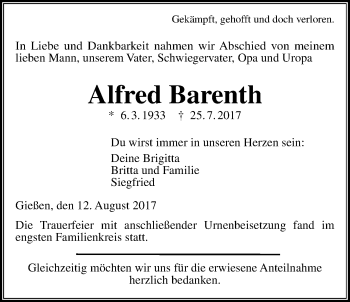 Traueranzeige von Alfred Barenth von Giessener Allgemeine, Alsfelder Allgemeine