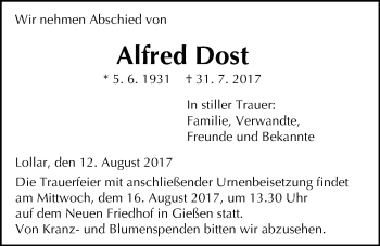 Traueranzeige von Alfred Dost von Giessener Allgemeine, Alsfelder Allgemeine