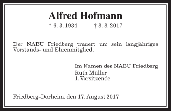 Traueranzeige von Alfred Hofmann von Wetterauer Zeitung, Wetterauer Zeitung