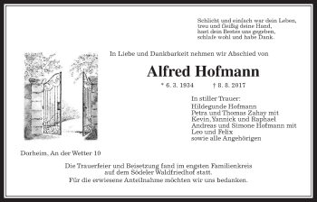 Traueranzeige von Alfred Hofmann von Wetterauer Zeitung, Wetterauer Zeitung