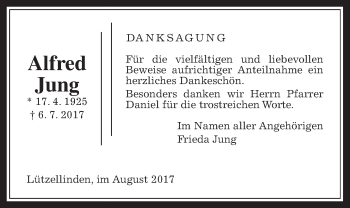 Traueranzeige von Alfred Jung von Giessener Allgemeine, Alsfelder Allgemeine
