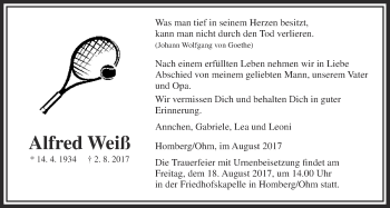 Traueranzeige von Alfred Weiß von Alsfelder Allgemeine