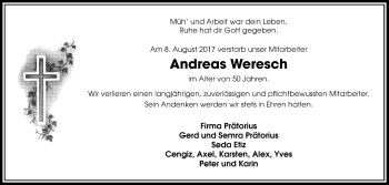 Traueranzeige von Andreas Weresch von Licher Wochenblatt, Licher Wochenblatt, Licher Wochenblatt