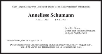 Traueranzeige von Anneliese Schumann von Giessener Allgemeine, Alsfelder Allgemeine