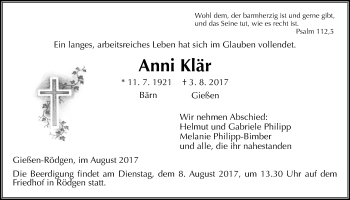 Traueranzeige von Anni Klär von Giessener Allgemeine, Alsfelder Allgemeine