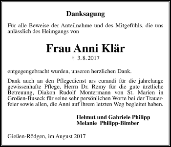 Traueranzeige von Anni Klär von Giessener Allgemeine, Alsfelder Allgemeine