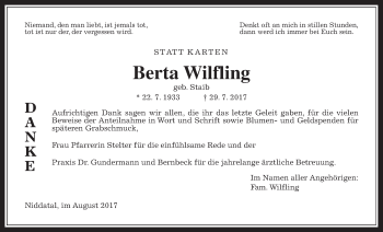 Traueranzeige von Berta Wilfling von Wetterauer Zeitung, Wetterauer Zeitung