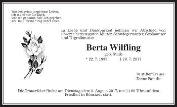 Traueranzeige von Berta Wilfling von Wetterauer Zeitung, Wetterauer Zeitung