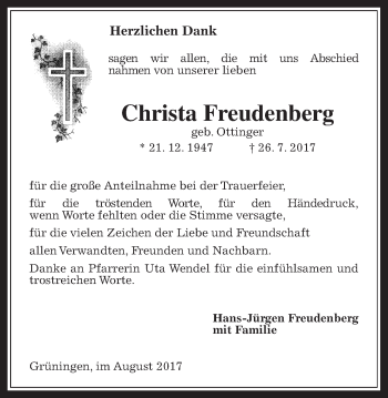 Traueranzeige von Christa Freudenberg von Pohlheimer Nachrichten
