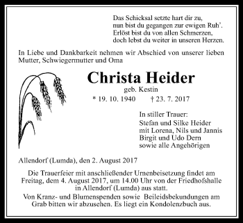Traueranzeige von Christa Heider von Giessener Allgemeine, Alsfelder Allgemeine