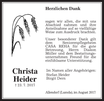 Traueranzeige von Christa Heider von Giessener Allgemeine, Alsfelder Allgemeine