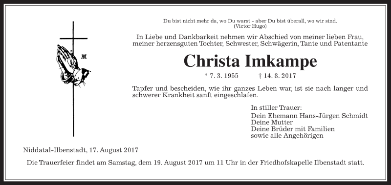 Traueranzeige für Christa Imkampe vom 17.08.2017 aus Wetterauer Zeitung, Wetterauer Zeitung