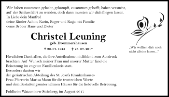 Traueranzeige von Christel Leuning von Giessener Allgemeine, Alsfelder Allgemeine