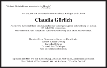 Traueranzeige von Claudia Görlich von Giessener Allgemeine, Alsfelder Allgemeine