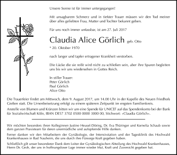 Traueranzeige von Claudia Alice Görlich von Giessener Allgemeine, Alsfelder Allgemeine