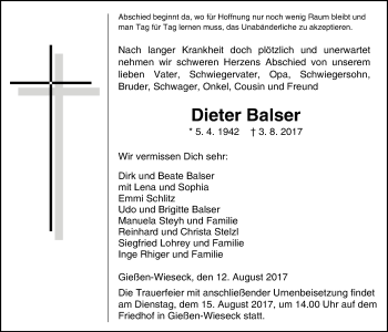 Traueranzeige von Dieter Balser von Giessener Allgemeine, Alsfelder Allgemeine