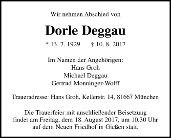 Traueranzeige von Dorle Deggau von Giessener Allgemeine, Alsfelder Allgemeine
