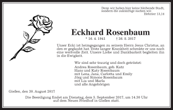 Traueranzeige von Eckhard Rosenbaum von Giessener Allgemeine, Alsfelder Allgemeine