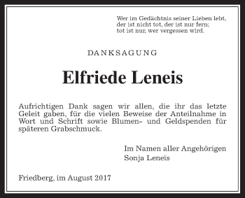 Traueranzeige von Elfriede Leneis von Wetterauer Zeitung, Wetterauer Zeitung