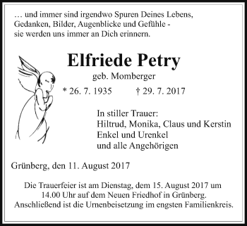 Traueranzeige von Elfriede Petry von Giessener Allgemeine, Alsfelder Allgemeine