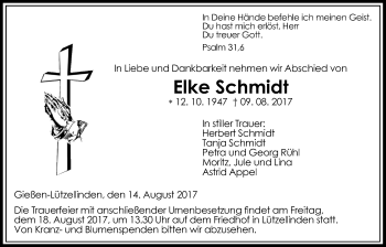 Traueranzeige von Elke Schmidt von Giessener Allgemeine, Alsfelder Allgemeine