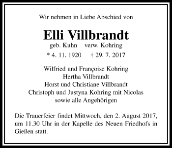 Traueranzeige von Elli Villbrandt von Giessener Allgemeine, Alsfelder Allgemeine
