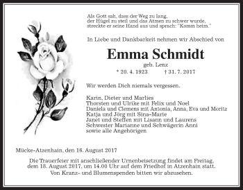 Traueranzeige von Emma Schmidt von Giessener Allgemeine, Alsfelder Allgemeine