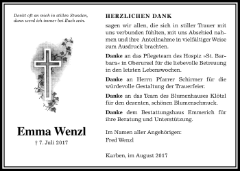 Traueranzeige von Emma Wenzl von Wetterauer Zeitung, Wetterauer Zeitung